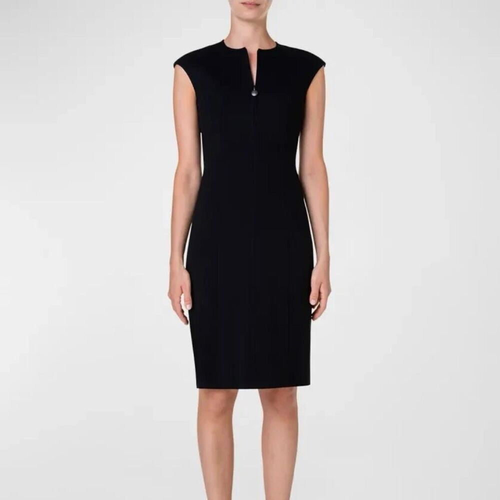 Akris Punto Women's Black Half-Zip Jewel Neck Cap Sleeve Sheath Dress Size 10
